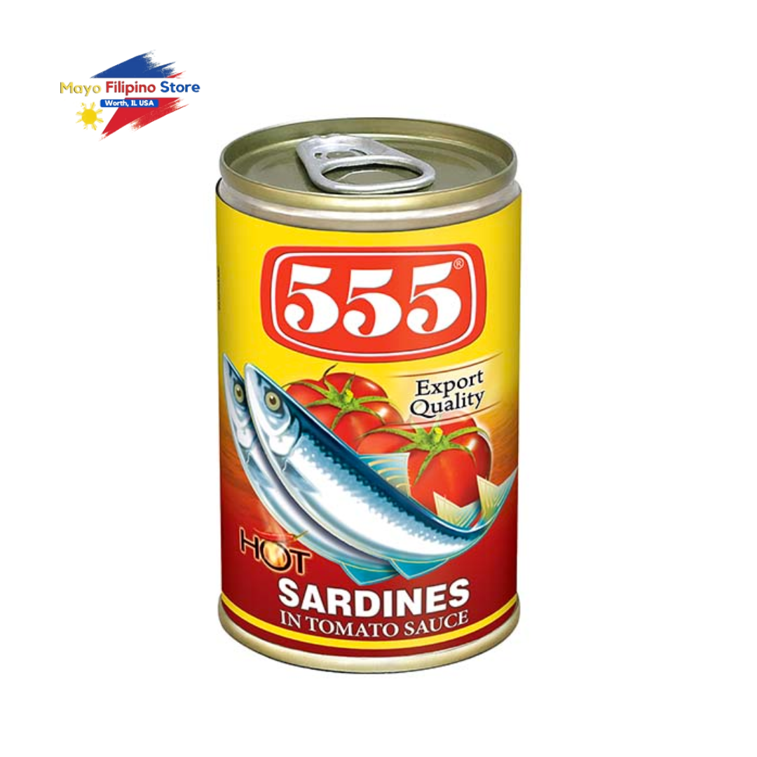Can of 555 Hot Sardines in Tomato Sauce on a white background